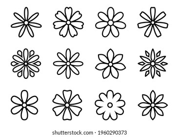 Vector set with silhouettes Daisy or Camomile flowers illustration on white background. Outline blossom daisy chamomile icons in cartoon flat design. Different shapes round flower plant collection. 