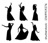 Vector set of silhouettes of a dancing girl. Eastern dance. A woman dressed in a long skirt is dancing