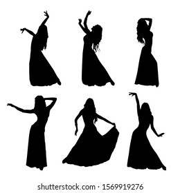 Vector set of silhouettes of a dancing girl. Eastern dance. A woman dressed in a long skirt is dancing