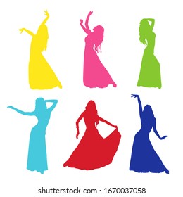 Vector set of silhouettes of a dancing girl. Eastern dance. A woman dressed in a long skirt is dancing