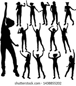 Vector set of silhouettes of dancing girls in different poses. Icons of slim dancing women isolated on white background