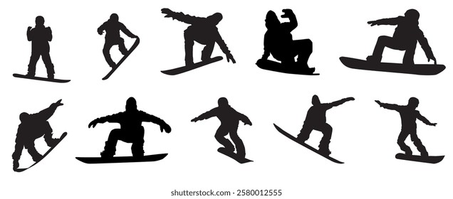 Vector set silhouettes of detail of snowboarding. Silhouettes of snowboarder isolated
