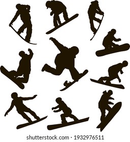 vector set silhouettes of different disciplines of snowboarding