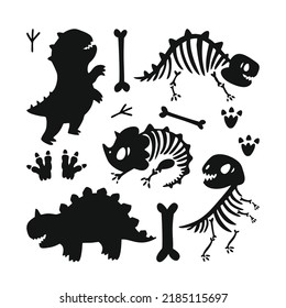 Vector set of silhouettes of dinosaurs. Skeletons and bones of dinosaurs.