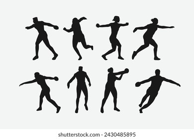 Vector set of silhouettes of discus throw. sport, athletics. Isolated on white background.