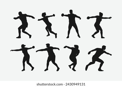 Vector set of silhouettes of discus throw. sport, athletics. Isolated on white background.