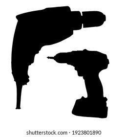 Vektor-Set-Silhouetten von Drills mit dem Kabel und der Batterie. Silhouetten in Schwarz-Werkzeugen mit Draht- und tragbaren isolierten Elementen für eine Design-Vorlage auf weißem Hintergrund