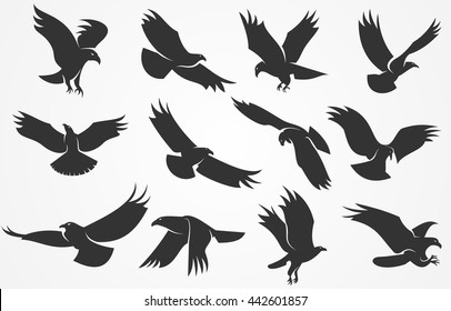 Vector set of silhouettes of eagles isolated on a gray background