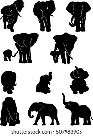 Vector set silhouettes of elephants mother and baby elephant pose