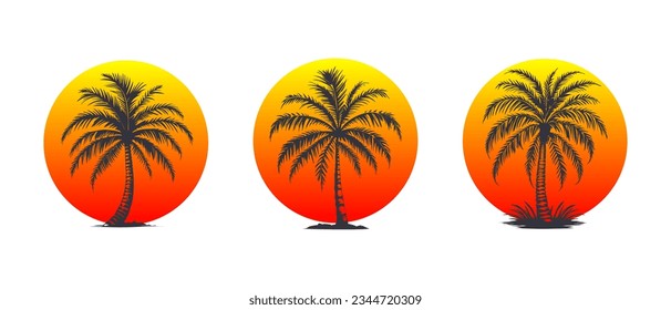 Vector set of silhouettes of exotic palms with spreading branches against the background of the bright sun. Sunset or sunrise. White isolated background.