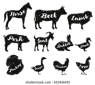 vector set of silhouettes of farm animals on white background.