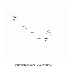 A vector set of silhouettes features a flock of flying birds against a white background, ideal for tattoo designs or nature-themed art. Perfect for showcasing the elegance and freedom of wild birds.