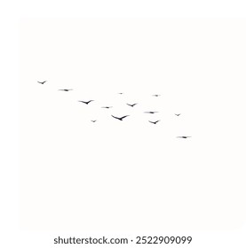 Um conjunto vetorial de silhuetas apresenta um bando de aves voadoras contra um fundo branco, ideal para desenhos de tatuagem ou arte com tema natural. Perfeito para mostrar a elegância e liberdade das aves selvagens.