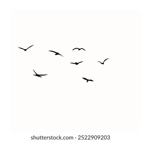 A vector set of silhouettes features a flock of flying birds against a white background, ideal for tattoo designs or nature-themed art. Perfect for showcasing the elegance and freedom of wild birds.