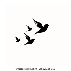 
A vector set of silhouettes features a flock of flying birds against a white background, ideal for tattoo designs or nature-themed art. Perfect for showcasing the elegance and freedom of wild birds.