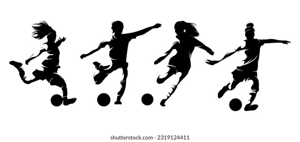 Vector set silhouettes of female football players kicking ball, abstract isolated vector silhouette, footballer logo