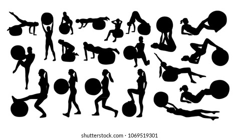 Vector set of silhouettes with fitness ball