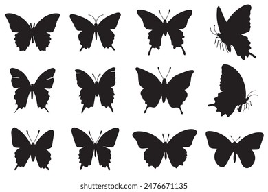 Vector set of silhouettes of flying butterflies. Black butterflies isolated on white.