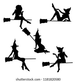 Vector set of silhouettes of flying witch. A slim witch flies on a broomstick in a hat in various poses.