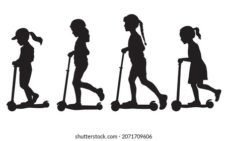 Vector set of silhouettes of a girl on a scooter. Black and white illustration
