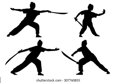 Vector set of silhouettes: girl show Wushu with saber.