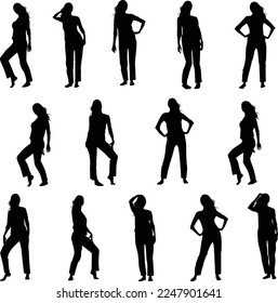 Vector set of silhouettes of girls with long hair in loose trousers and a t-shirt isolated on a white background. Slim women in home clothes.