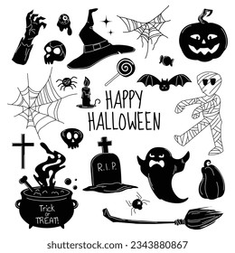 Vector set of silhouettes of Halloween figures...Happy Halloween. Big set of hand drawn horror doodles.