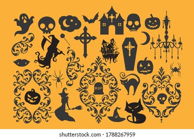 Vector set of silhouettes of Halloween holiday. Vector illustration design. 100% editable and color changeable.