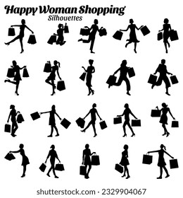 Vector set of silhouettes of happy women shopping