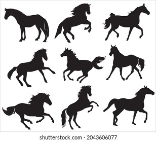 Vector set of silhouettes of horses in various poses. Goes, runs, plays, jumps
