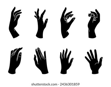 Vector set of silhouettes of human hands depicting various gestures, black on a white background.