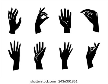 Vector set of silhouettes of human hands depicting various gestures, black on a white background.