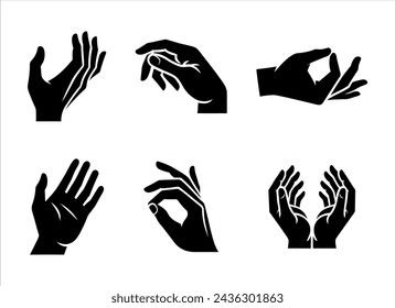 Vector set of silhouettes of human hands depicting various gestures, black on a white background.