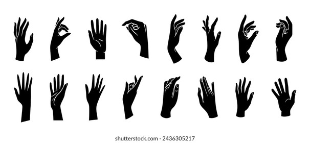 Conjunto vectorial de siluetas de manos humanas que representan varios gestos, negro sobre un fondo blanco.