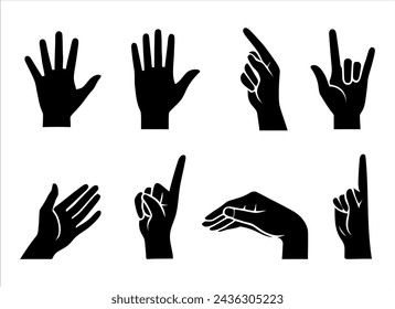 Vector set of silhouettes of human hands depicting various gestures, black on a white background.