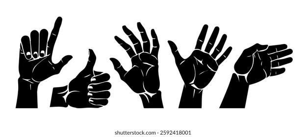 Vector set of silhouettes of human hands depicting various gestures,  like icon vector, hand thumbs up.