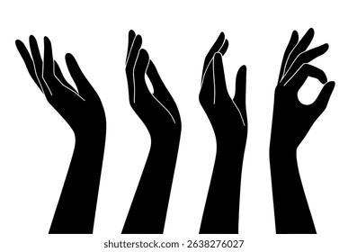 Vector set of silhouettes of human hands depicting various gestures, black on a white background.