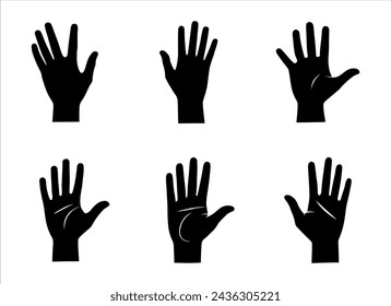 Vector set of silhouettes of human palms, with fingers raised up, black on a white background.