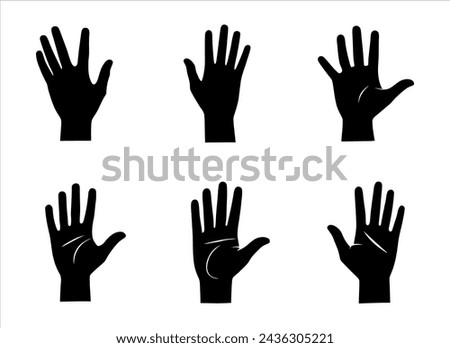 Vector set of silhouettes of human palms, with fingers raised up, black on a white background.