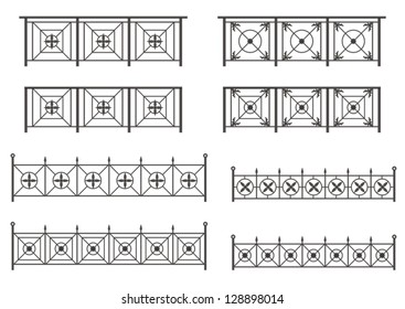 Vector set of silhouettes of iron fences with flowers and leaves