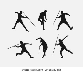 Conjunto vectorial de siluetas de javelin, tiro de javelina. deporte, atletismo. Aislado sobre fondo blanco.