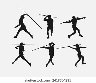 Vector set of silhouettes of javelin, javelin throw. sport, athletics. Isolated on white background.