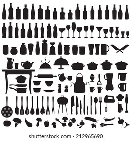 Vector Set Silhouettes Of Kitchen Tools, Cooking Icons 