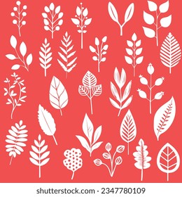 Vector set of silhouettes of leaves of trees, branches, eucalyptus, berries, herbs, flowers, autumn leaves, shrubs.