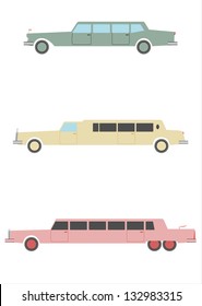 A vector set of silhouettes of long limousines in retro style on a white background.