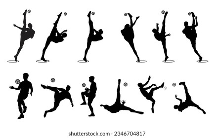 Vector set of silhouettes of male sepak takraw players. sepak takraw player and football sport logo design icon vector illustration People playing traditional Asian sport Sepak Takraw.