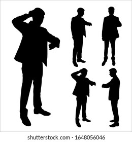 Vector set of silhouettes of a man looking at the watch on his hand. Opening hours, lateness, time manager. Business concept - do it all, work planning. A businessman in a suit looks at his watch.
