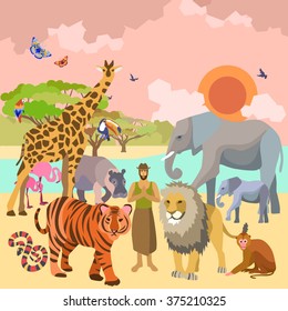 Vector set with silhouettes of man and tropic wild animals on Savannah in flat design cartoon style. Animals, plants, and people - are one family