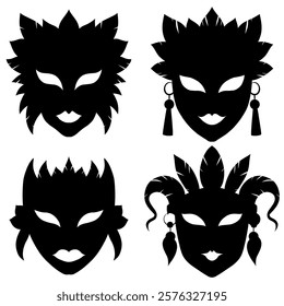 Vector set silhouettes of mardi gras masks isolated from background. Collection of monochrome festive carnival masks for stickers and banners.