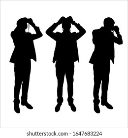 Vector set of silhouettes of men with binoculars in their hands. Businessman through binoculars looks up and down. Man stands in various poses. Ornithologist. Observation of what is happening. Birdman